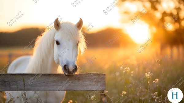 A beautiful white horse stands behind a wooden fence in a field filled with grass and wildflowers. The background features a warm sunset with golden and orange hues, adding beauty and charm to the scene.