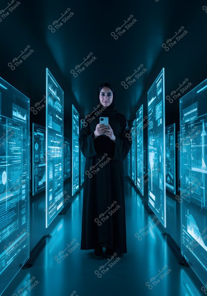 An image of a woman wearing a dark abaya and hijab, standing in the middle of a corridor lined with glowing blue digital panels showing data and statistics. She is holding a smartphone and appears to be surrounded by advanced technology. The setting suggests Saudi Arabia or another Gulf region.