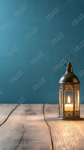 A lit metal lantern with a candle inside, placed on a wooden table. The background is dark blue, creating a warm and calm atmosphere.