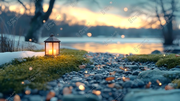 A serene natural scene at sunset featuring a lit lantern placed on the ground amid snow and green grass. The warm glow of the lantern reflects off the surrounding pebbles. In the background, tiny lights twinkle in the air near a frozen lake and bare trees silhouetted in the darkness.