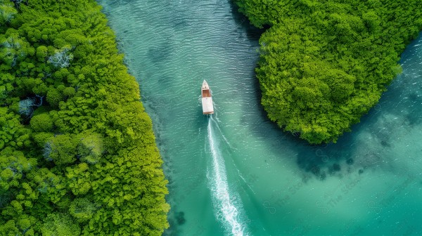 A luxury tourist destination in Saudi Arabia, a view of the blue waters in the sea of Farasan Island in Jizan in the Kingdom of Saudi Arabia, an overhead aerial photo of a boat sailing on the shore of the Red Sea in the middle of forests, a nature background