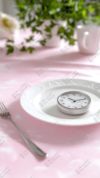 A small round clock placed in the center of a decorative white plate on a light pink tablecloth. Beside the plate lies a silver fork. In the background, there is a blurred green plant and a white flower inside a vase, along with a white cup.