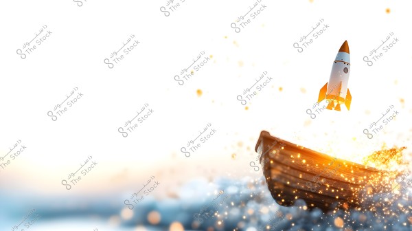 An image depicting a small rocket flying above a wooden boat amidst sparkling golden light effects. The scene is set against a blurred background with blue and white hues, creating a sense of fantasy and motion.