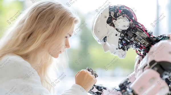 A scene depicting a blonde woman with long hair wearing white clothing, facing a humanoid robot. The robot appears advanced with a body composed of metal, wires, and visible technical circuitry, wearing a pinkish external casing. The woman and the robot sit in a way that reflects interaction and confrontation between humanity and technology against a blurred natural background.