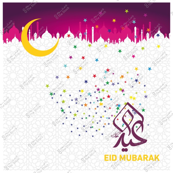 تصميم تهنئة بمناسبة عيد مبارك مع هلال ذهبي ونجوم ملونة, تحتوي على عبارة \"عيد مبارك\" بالخط العربي.