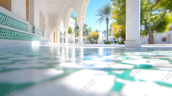 Image of a building with Islamic architecture, featuring a corridor adorned with white arches and columns. The floor is tiled with green and white patterns. In the background, there is an outdoor courtyard decorated with palm trees and greenery under a sunny blue sky.