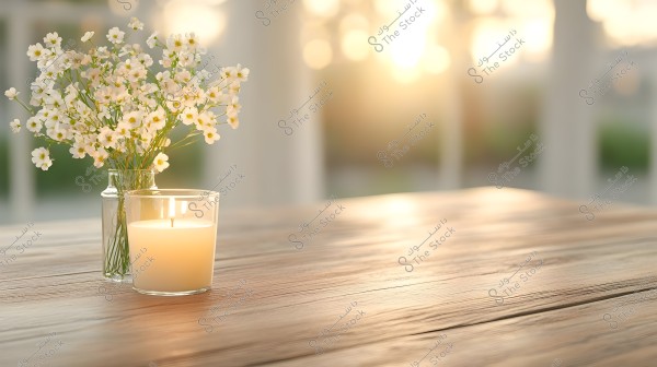 The image shows a wooden table with a lit white candle in a glass holder, placed next to a glass vase containing small white flowers. The background features a warm golden sunlight, creating a cozy and serene atmosphere.