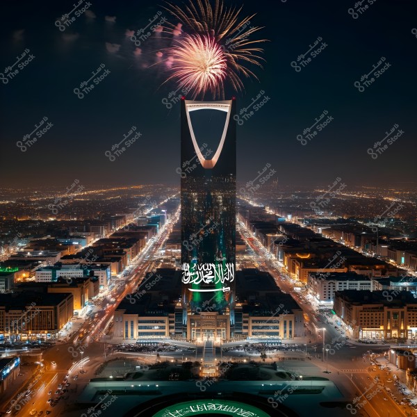 A night view of the Kingdom Tower in Riyadh, Saudi Arabia, illuminated with vibrant lights and celebrating with a fireworks display. The Shahada is written in Arabic calligraphy on the tower, and the sparkling city stretches out in the background with illuminated streets on both sides.