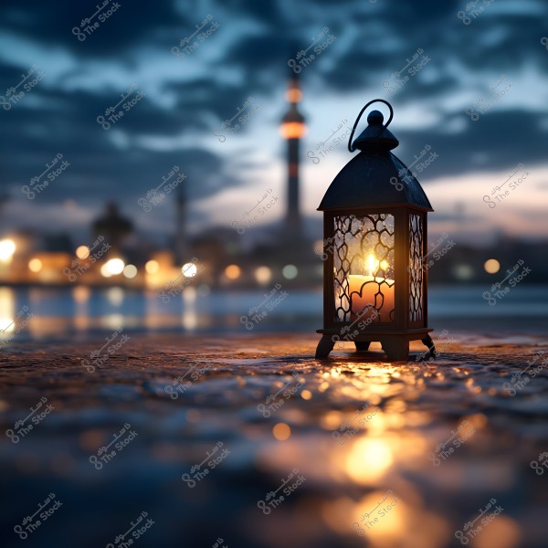 A lantern lit with a glowing candle sits on a stone surface, set against a cloudy backdrop featuring the silhouette of a mosque with a minaret. The background lights are blurred, creating a peaceful, night-time atmosphere.