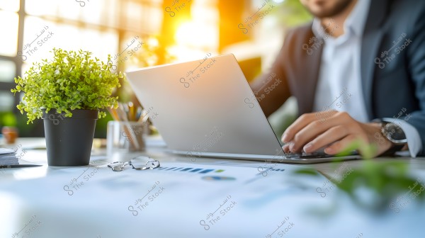 Image of a man in a suit sitting at a desk using a laptop. On the table, there are glasses, documents, and papers with charts. A small green plant in a pot is also on the table, with sunlight illuminating the scene.