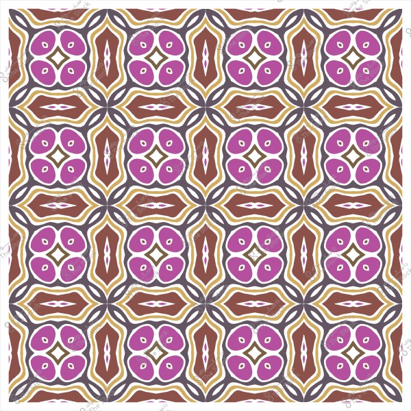 نمط هندسي متماثل يتكون من أشكال دائرية وزهور بألوان البني, الأرجواني, والأصفر, مع تفاصيل بيضاء وخطوط سوداء. التصميم متكرر بشكل متناسق ليخلق تأثيراً بصرياً جميلاً.

-