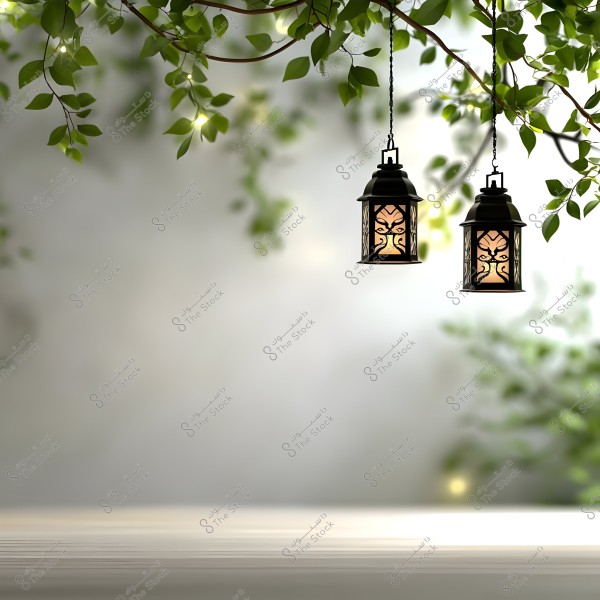 An image of two illuminated hanging lanterns dangling from a tree branch with green leaves. The lanterns have black metal frames with decorative glass, emitting a warm glow. The background is blurred with hints of green, creating a serene and natural atmosphere.