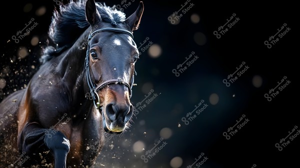 A photo of a brown horse running swiftly, displaying a glossy and shiny coat. The background is black with blurred effects suggesting motion. The horse is wearing a black bridle.