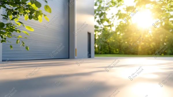 An image depicting part of a modern building with a garage and a blue metal door on the left. Morning sunlight reflects through trees in the background, giving a sense of tranquility and calmness. Gentle shadows fall across the concrete ground.