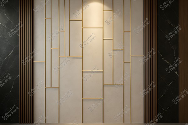An interior design of a wall featuring geometric details with gold metal frames arranged vertically and horizontally on a light-colored surface bordered by dark marble panels.