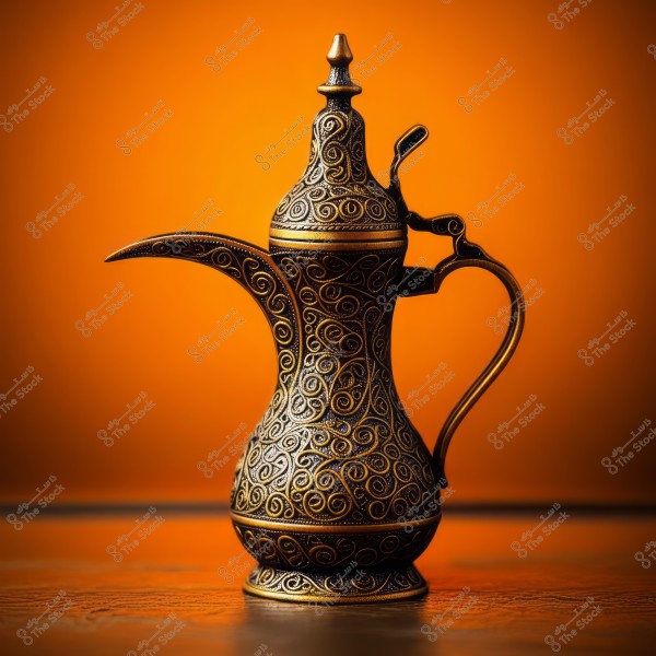 An image of a traditional Arabic coffee pot (dallah) featuring intricate decorative details against a vibrant orange backdrop with a blurred background. The dallah is made from metal and adorned with circular patterns and fine geometric engravings.