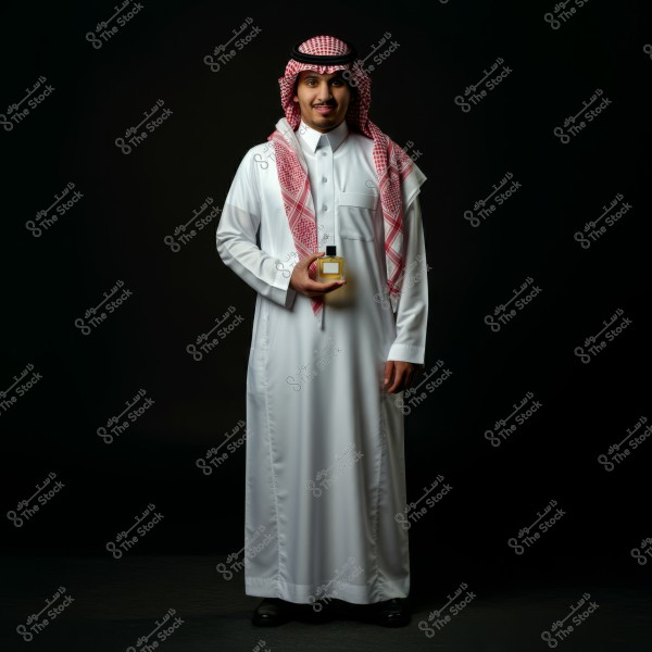 A portrait of a man wearing a white thobe with a red and white checkered keffiyeh, likely from Saudi Arabia. He is smiling and holding a perfume bottle in his right hand, set against a black background.