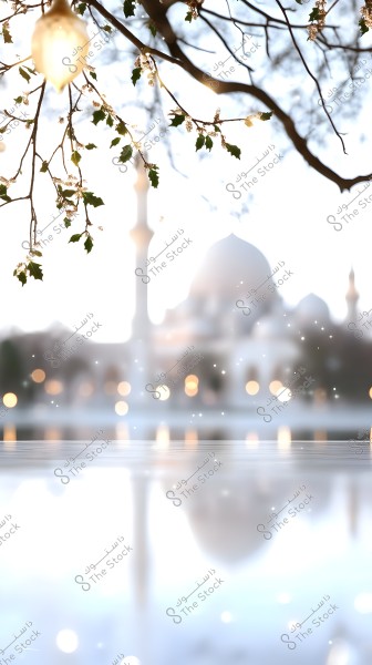 Image depicting a picturesque scene with a large building in the background, possibly a mosque, featuring a distinct white dome and minarets on the horizon. In the foreground, tree branches decorated with small lights and green leaves hang down. The background is blurred with twinkling lights, and the shape of the building is reflected on a water surface.