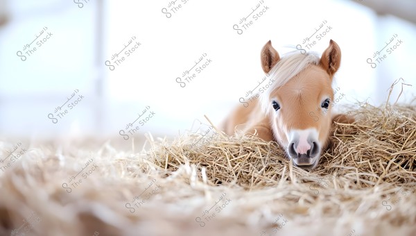 A photo of a light brown foal with a blonde mane, resting on a pile of hay. The ears are perked up, and the eyes are large and shiny. The scene conveys calmness and comfort in soft lighting, with a slightly blurred background.