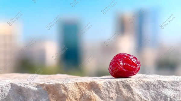 An image of a red date placed on a rocky surface. In the background, there is a blurred urban scene with tall buildings under a clear blue sky.