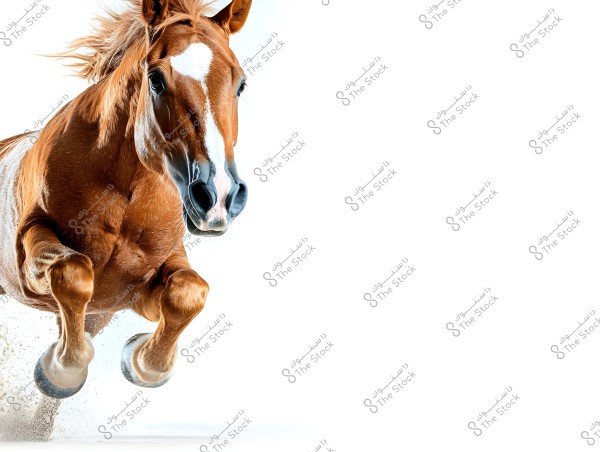 An image of a brown horse with a white marking on its head running swiftly. The horse is captured in dynamic motion with its head raised and front hooves kicking up dust. The background is completely white, highlighting the horse prominently.