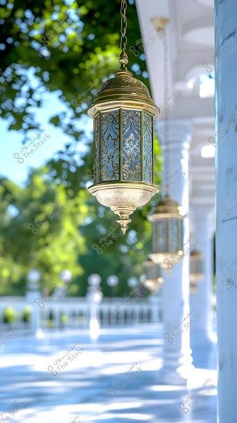 A decorative golden lantern hangs from a chain, prominently featured in the foreground. Behind it, white columns line an open corridor. Blurred green foliage is visible in the background, creating a serene and illuminated atmosphere.