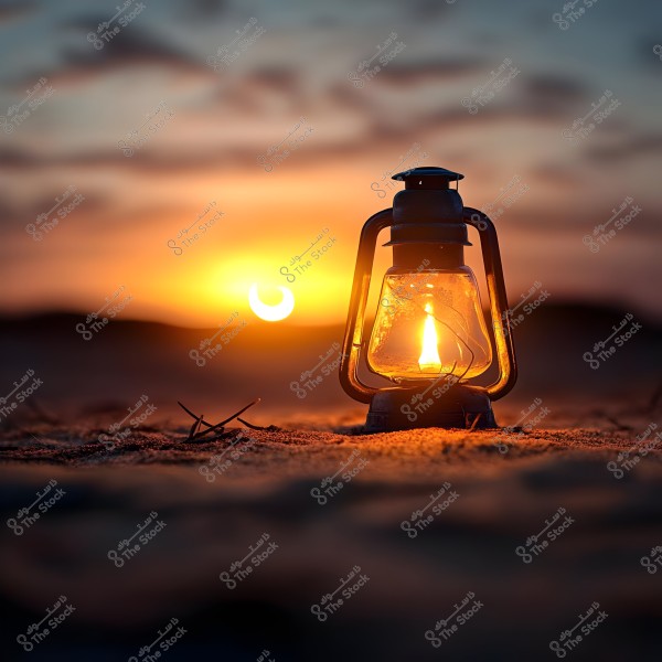 A charming view of a lit lantern in the foreground placed on sand during sunset. In the background, the sun is partially setting behind the horizon, casting warm orange hues across the sky, which is dotted with soft clouds.