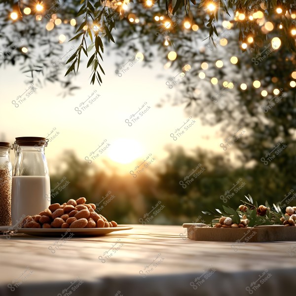 A scene depicting a wooden table adorned with twinkling hanging lights and olive tree branches. The table holds bottles of milk and grains, and a plate filled with nuts, with an olive branch as decoration nearby. The image is dominated by the golden sunlight of a sunset in the background, adding a calm and warm atmosphere.