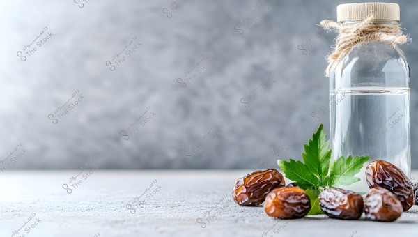 Image shows a clear bottle filled with water, sealed with a natural cork tied with string. Beside the bottle, there is an arrangement of ripe dates along with a decorative green leaf. The background is plain gray, highlighting the items in the foreground.