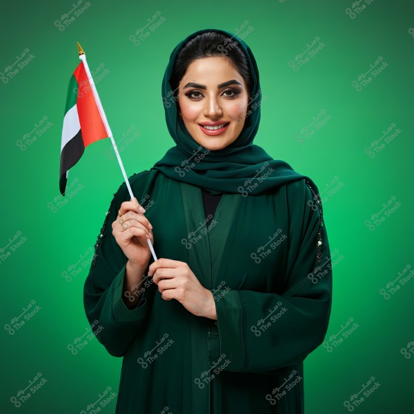 A woman wearing a green abaya and a matching hijab, holding a UAE flag. The background is green.