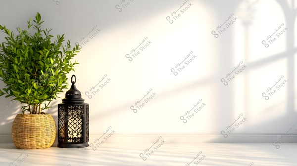 An interior corner featuring black metal lanterns with intricate designs next to a green plant in a wicker pot. Natural light casts shadows from a window onto the white wall, creating a calm and warm scene.