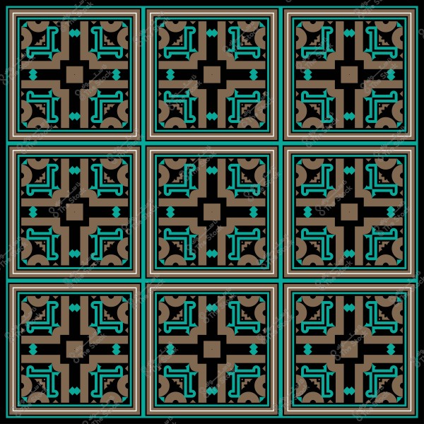 بلاط مزخرف بتصميم هندسي تقليدي بألوان الأسود والبني والفيروزي, مرتبة في نمط شبكي.