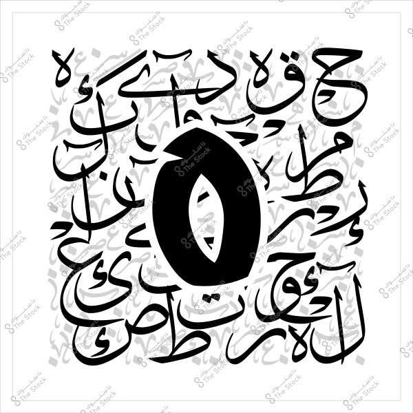 لوحة فنية تحتوي على تصميم تجريدي للحرف العربي "ق" باللون الأسود في وسط الصورة, محاط بخطوط عربية مكتوبة بأسلوب الخط العربي المتداخل بدرجات لون رمادية.
-