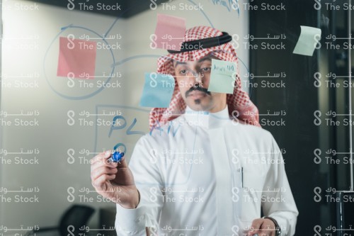 موظف سعودي يرتدي ثوب ويكتب ملاحظات على الزجاج.