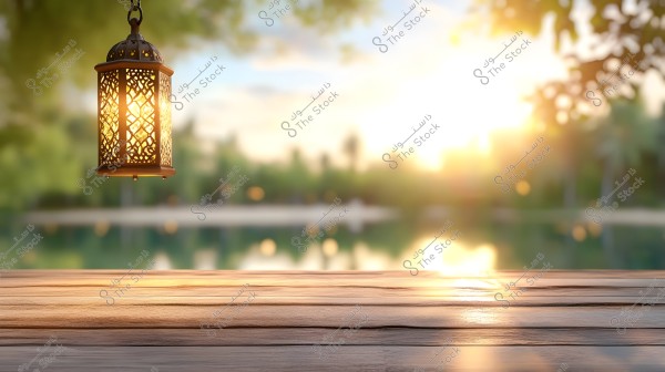 An ornate Arabic lantern illuminates next to a wooden table, with a natural landscape in the background featuring glowing sunlight and green trees. The scene evokes a sense of tranquility and peace.
