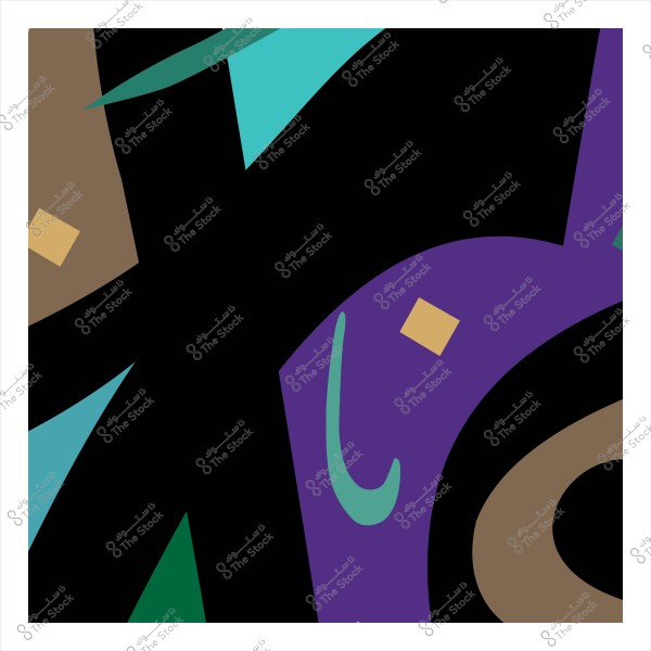 لوحة تجريدية بألوان متعددة تشمل الأسود والبنفسجي والأخضر والأزرق مع أشكال هندسية.