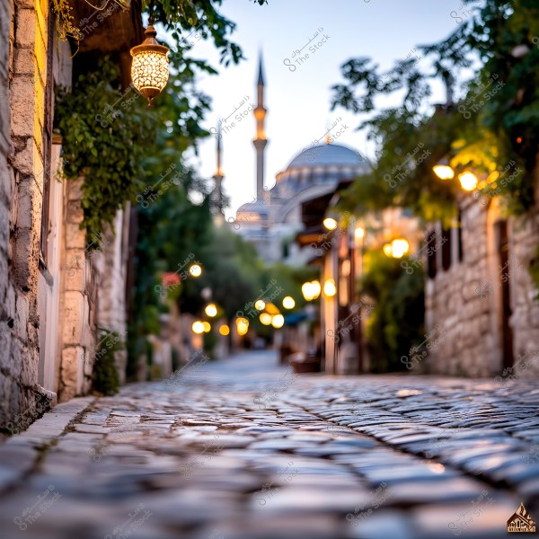 An image of a cobblestone street in an old neighborhood, featuring stone buildings covered with green plants. Traditional lamps hang on the walls, illuminating the street. In the background, an Ottoman-style mosque with tall minarets and a large dome can be seen, suggesting a historical city ambiance, possibly in Turkey.