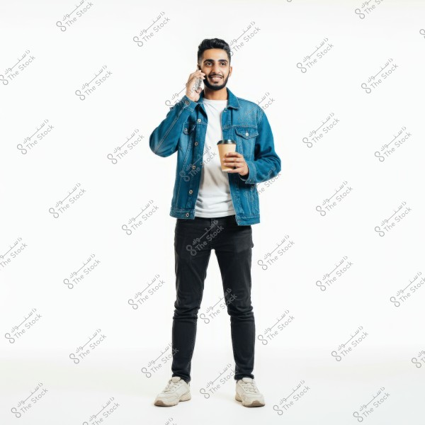 A young man stands against a white background using a mobile phone. He is wearing a blue denim jacket, a white shirt, and black pants. He holds a coffee cup in his other hand. The portrait has a modern and casual style.