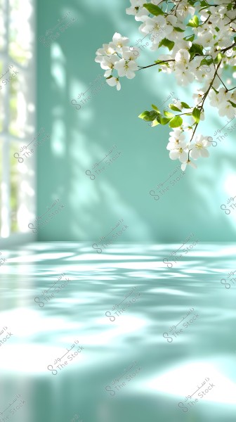 An image of blooming white flowers on a green wooden branch, extending from the right side of the image. In the background, a light green wall reflects shadows from the flowers and windows with light streaming through, creating a sense of calm and natural beauty.