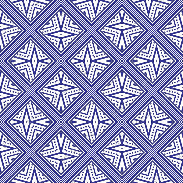 A geometric pattern consisting of repeated and interlocking blue and white lines with a symmetrical design. The design includes squares containing four-pointed stars and scattered dots, creating a sense of depth and symmetry.
