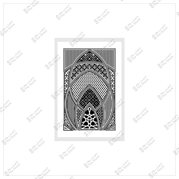 تصميم زخرفي بالأبيض والأسود يحتوي على أنماط هندسية معقدة.