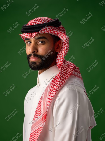 A person wearing traditional thobe, ghutra, and agal, standing against a green background.