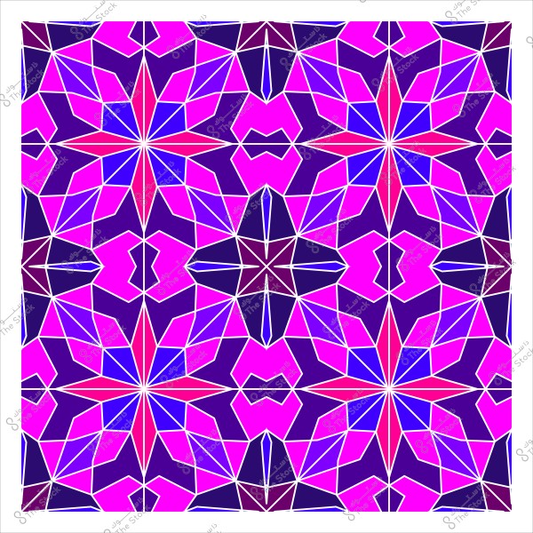 تصميم هندسي بألوان زاهية يتكون من أشكال هندسية متعددة ومتداخلة تتكون من اللون البنفسجي والوردي مع لمسات من اللون الأزرق. التصميم متماثل ويشبه الزخارف التقليدية أو الفسيفساء.

-