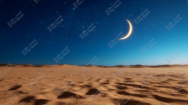 An image of a nighttime desert landscape featuring a bright crescent moon in a blue sky with numerous twinkling stars. The soft yellow sand stretches out with small dunes on the horizon, creating a serene and picturesque scene.