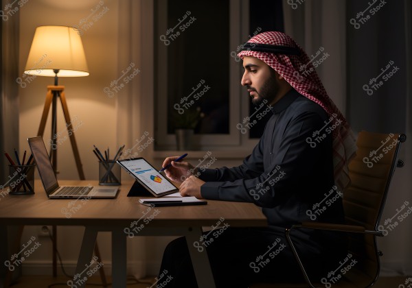 رجل يجلس في غرفة مضيئة بمصباح عاكس, يعمل على جهاز لوحي بجانب كمبيوتر محمول. يرتدي الزي التقليدي الذي يشمل الثوب والغترة والعقال. الموقف يشير إلى انشغال بعمل أو دراسة.