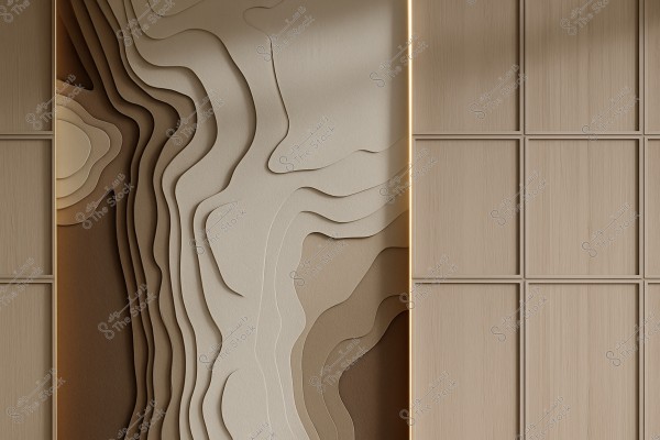 Image of a decorative wall with interlocking 3D designs in wood and brown tones. The left side features wooden shelves, while the middle section has multi-colored 3D designs starting from dark brown and gradually transitioning to light beige, creating a wavy pattern.