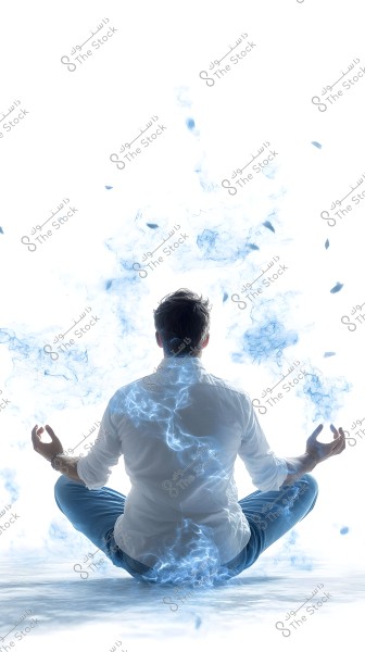 Image of a man sitting in a meditative pose with hands resting on the knees, wearing a white shirt and blue pants. Around him, a vivid blue glow emits, with smoke-like wisps surrounding him in a bright, white background.