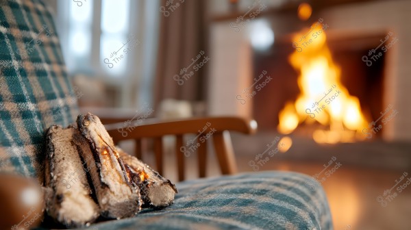 A cozy room scene with a lit fireplace in the background. In the foreground, there is a chair with a blue plaid pattern blanket and wooden frame, with some firewood placed on it. The softly blurred background suggests a comfortable and warm living space.