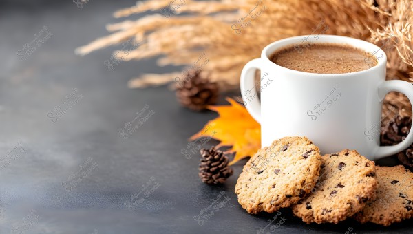 Image of a white mug of frothy coffee placed on a dark surface, surrounded by three chocolate chip cookies. In the background, autumn decorations such as orange leaves, pinecones, and dried grasses add a warm, cozy autumnal atmosphere to the scene.