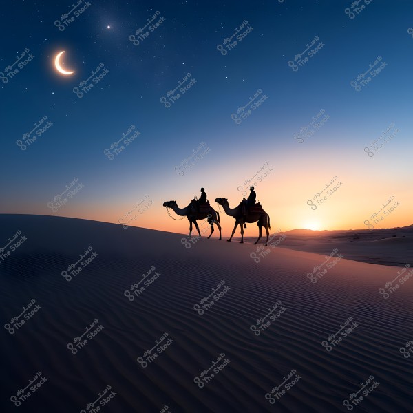 Image of a desert horizon at sunset, showing the silhouettes of two people riding camels across sand dunes. The sky is a deep blue with a crescent moon and scattered stars, and the sun is setting on the horizon, creating a warm orange glow.